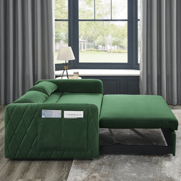 English Elm 55" Modern Convertible Sofa Bed Velvet Loveseat with Pull-Out Frame, 3-Position Recline, Storage Pockets, Plush Pillows Green W119363993