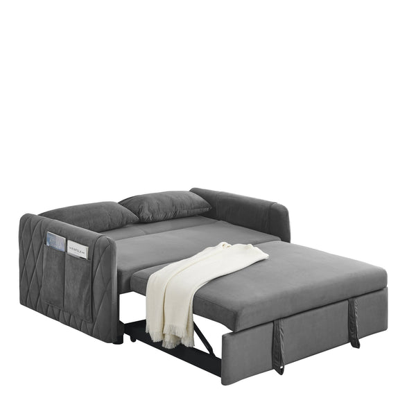 English Elm 55" Modern Convertible Sofa Bed Velvet Loveseat with Pull-Out Frame, 3-Position Recline, Storage Pockets, Plush Pillows Grey W119363990