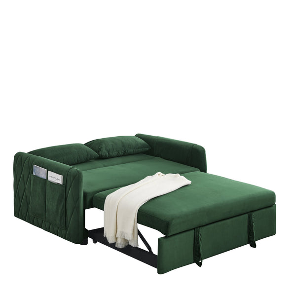 English Elm 55" Modern Convertible Sofa Bed Velvet Loveseat with Pull-Out Frame, 3-Position Recline, Storage Pockets, Plush Pillows Green W119363993
