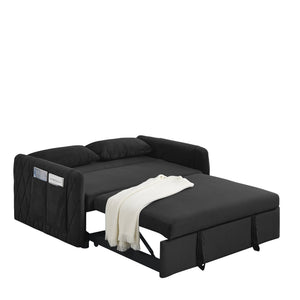 English Elm 55" Modern Convertible Sofa Bed Velvet Loveseat with Pull-Out Frame, 3-Position Recline, Storage Pockets, Plush Pillows Black W119363989
