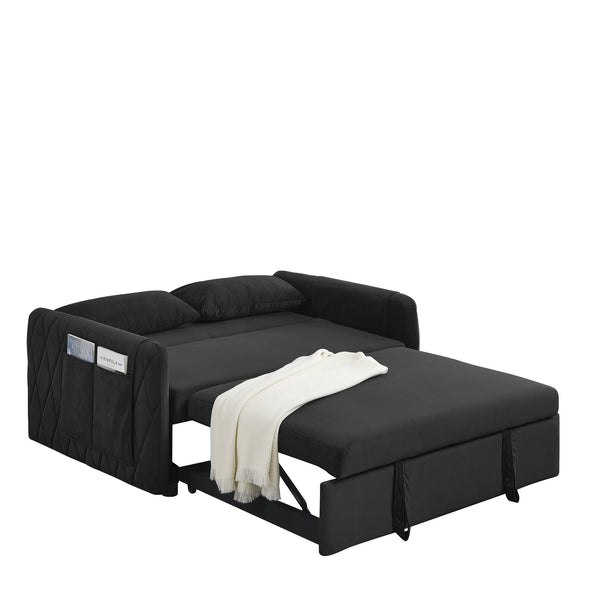 English Elm 55" Modern Convertible Sofa Bed Velvet Loveseat with Pull-Out Frame, 3-Position Recline, Storage Pockets, Plush Pillows Black W119363989