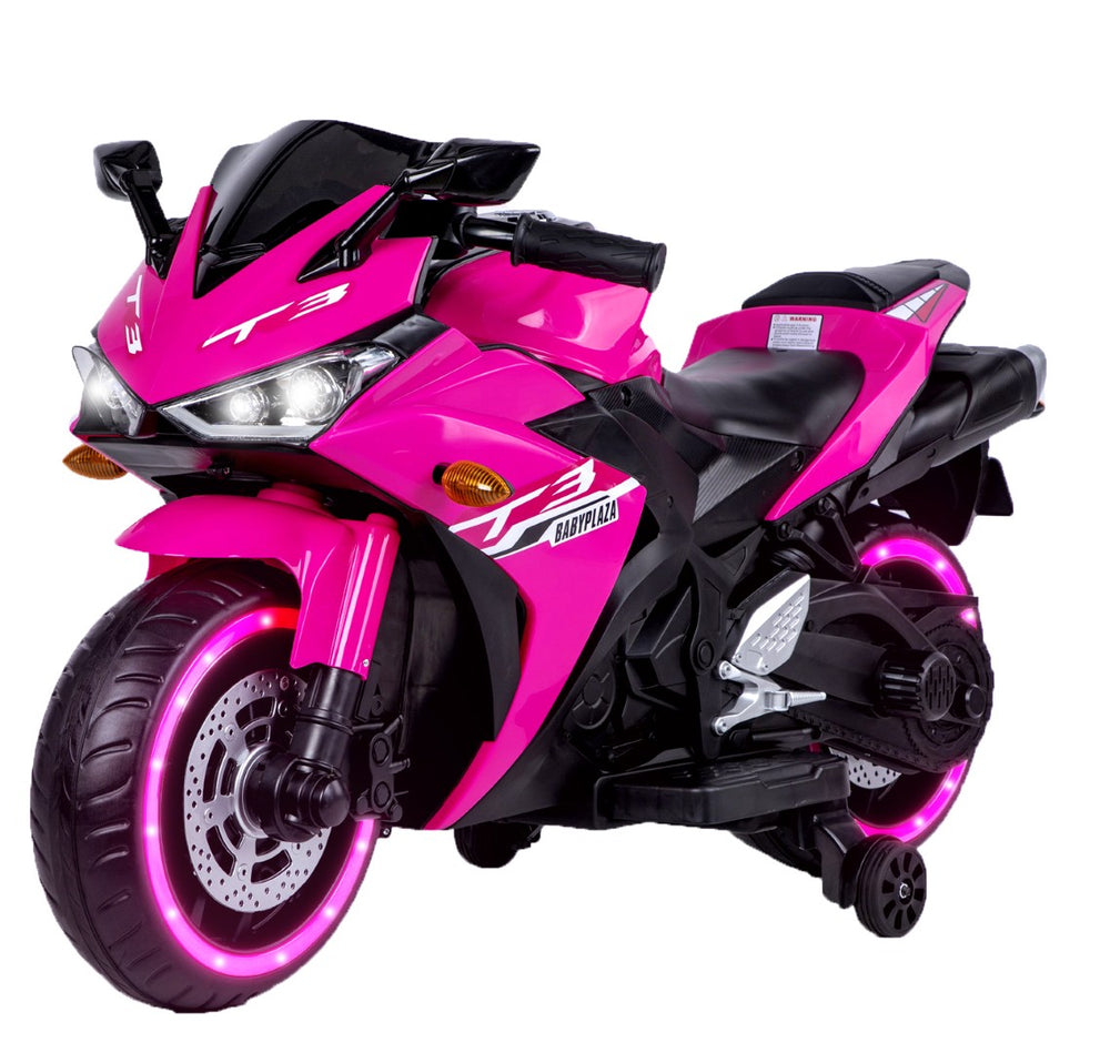 English Elm Kids 12v Electric Ride on Motorcycle with Light up Wheels Bluetooth and Training Pink W1760110298