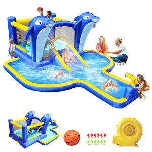 English Elm 8 in 1 Inflatable Outdoor Water Park Bounce House with Slide Sprinkler Hoop W167790002