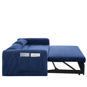English Elm 55" Modern Convertible Sofa Bed Velvet Loveseat with Pull-Out Frame, 3-Position Recline, Storage Pockets, Plush Pillows Blue W119363992