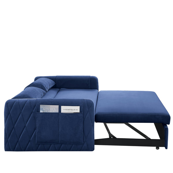 English Elm 55" Modern Convertible Sofa Bed Velvet Loveseat with Pull-Out Frame, 3-Position Recline, Storage Pockets, Plush Pillows Blue W119363992