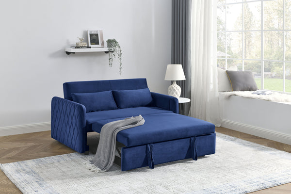 English Elm 55" Modern Convertible Sofa Bed Velvet Loveseat with Pull-Out Frame, 3-Position Recline, Storage Pockets, Plush Pillows Blue W119363992