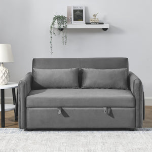 English Elm 55" Modern Convertible Sofa Bed Velvet Loveseat with Pull-Out Frame, 3-Position Recline, Storage Pockets, Plush Pillows Grey W119363990
