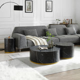 English Elm Set Of 3 Black Marble Pattern Round Coffee Table Side Table End Table Set For Living Room Fully Assembled