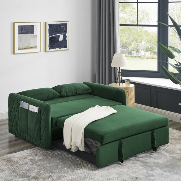 English Elm 55" Modern Convertible Sofa Bed Velvet Loveseat with Pull-Out Frame, 3-Position Recline, Storage Pockets, Plush Pillows Green W119363993