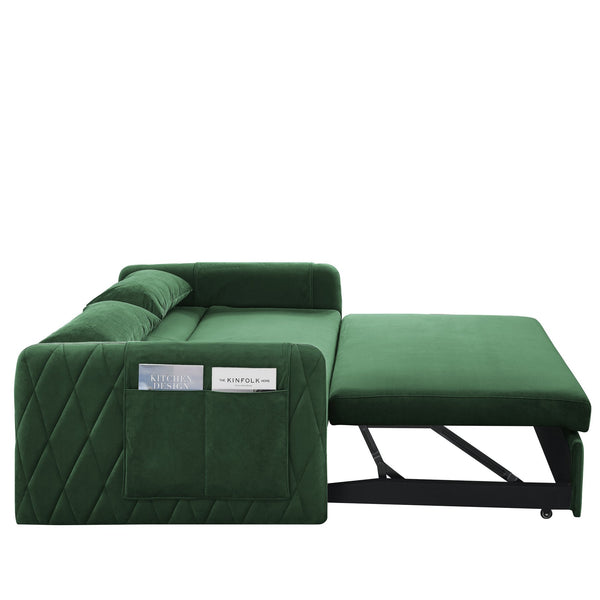English Elm 55" Modern Convertible Sofa Bed Velvet Loveseat with Pull-Out Frame, 3-Position Recline, Storage Pockets, Plush Pillows Green W119363993