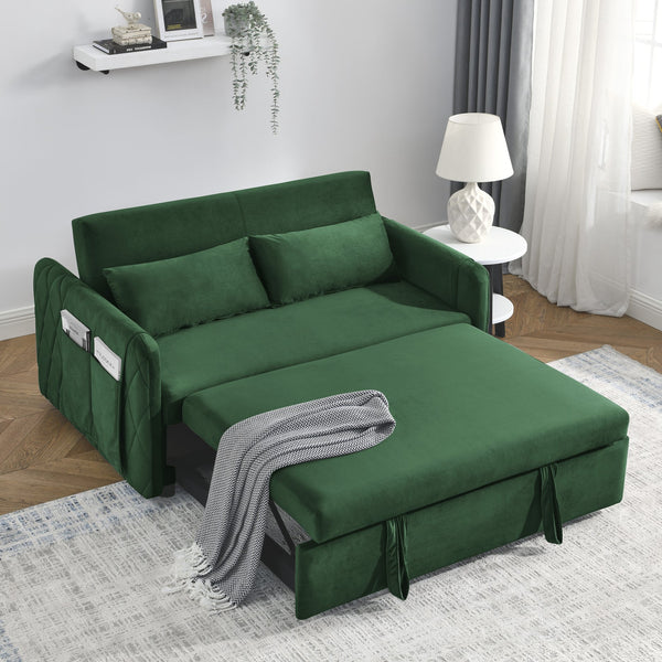 English Elm 55" Modern Convertible Sofa Bed Velvet Loveseat with Pull-Out Frame, 3-Position Recline, Storage Pockets, Plush Pillows Green W119363993
