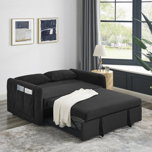 English Elm 55" Modern Convertible Sofa Bed Velvet Loveseat with Pull-Out Frame, 3-Position Recline, Storage Pockets, Plush Pillows Black W119363989