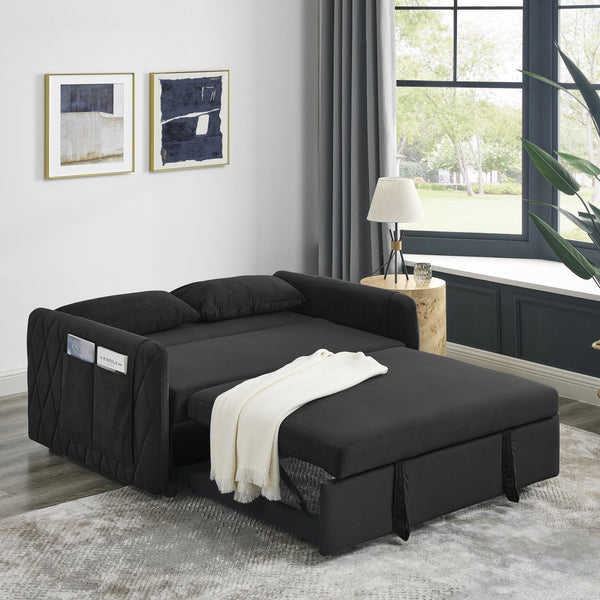 English Elm 55" Modern Convertible Sofa Bed Velvet Loveseat with Pull-Out Frame, 3-Position Recline, Storage Pockets, Plush Pillows Black W119363989