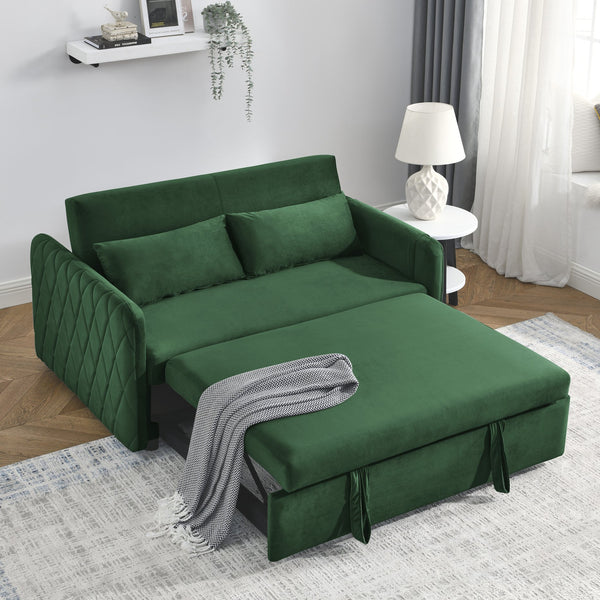 English Elm 55" Modern Convertible Sofa Bed Velvet Loveseat with Pull-Out Frame, 3-Position Recline, Storage Pockets, Plush Pillows Green W119363993
