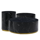 English Elm Set Of 3 Black Marble Pattern Round Coffee Table Side Table End Table Set For Living Room Fully Assembled