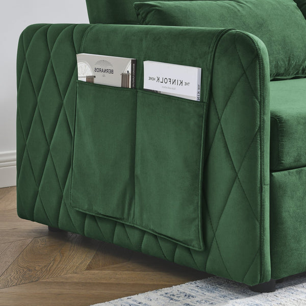 English Elm 55" Modern Convertible Sofa Bed Velvet Loveseat with Pull-Out Frame, 3-Position Recline, Storage Pockets, Plush Pillows Green W119363993
