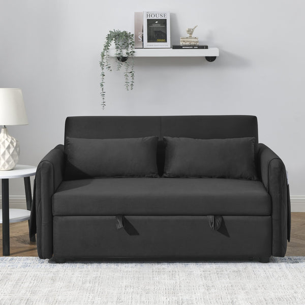 English Elm 55" Modern Convertible Sofa Bed Velvet Loveseat with Pull-Out Frame, 3-Position Recline, Storage Pockets, Plush Pillows Black W119363989