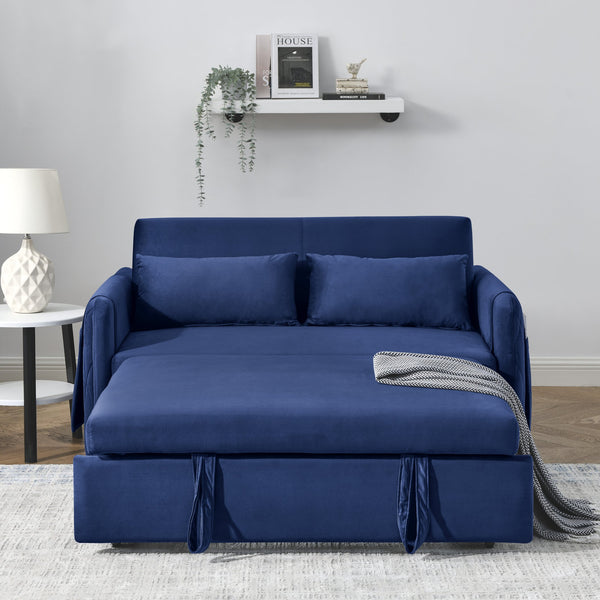 English Elm 55" Modern Convertible Sofa Bed Velvet Loveseat with Pull-Out Frame, 3-Position Recline, Storage Pockets, Plush Pillows Blue W119363992