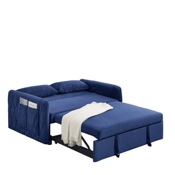 English Elm 55" Modern Convertible Sofa Bed Velvet Loveseat with Pull-Out Frame, 3-Position Recline, Storage Pockets, Plush Pillows Blue W119363992