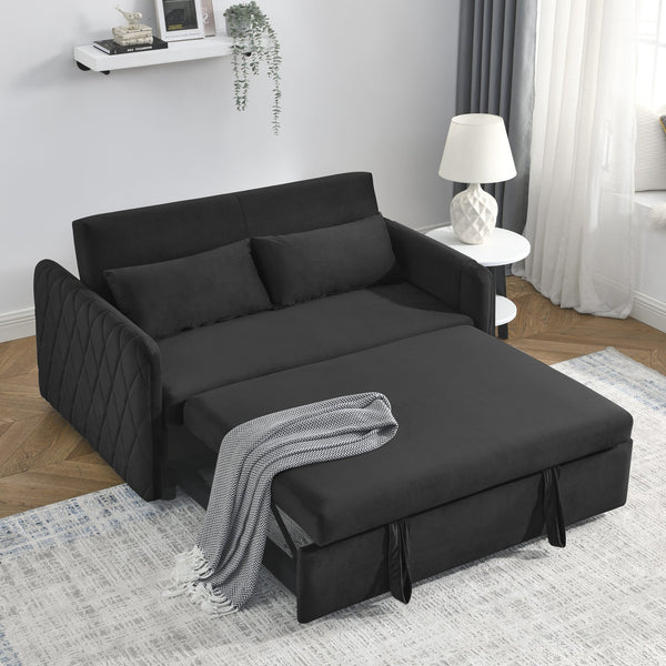 English Elm 55" Modern Convertible Sofa Bed Velvet Loveseat with Pull-Out Frame, 3-Position Recline, Storage Pockets, Plush Pillows Black W119363989