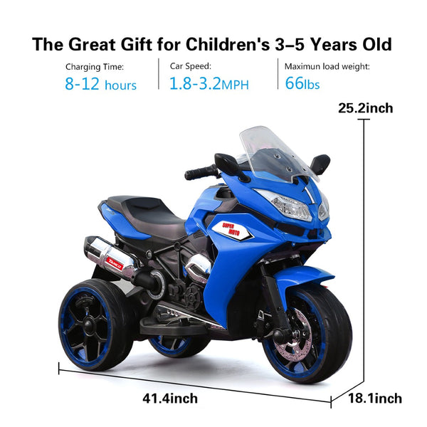 English Elm 12v Kids Ride on Motorcycle Three Wheel Electric Tricycle with Led Lights Bluetooth Blue W1760110301
