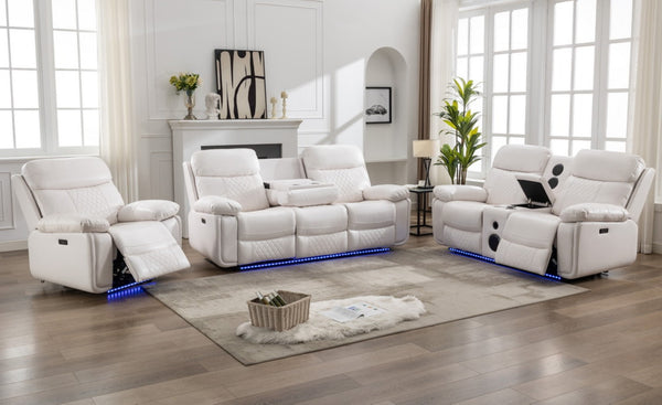 English Elm Zpm046 Power Reclining Sofa Set with Led Lighting Bluetooth Speakers and Usb Console White W1805S00130