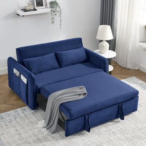 English Elm 55" Modern Convertible Sofa Bed Velvet Loveseat with Pull-Out Frame, 3-Position Recline, Storage Pockets, Plush Pillows Blue W119363992