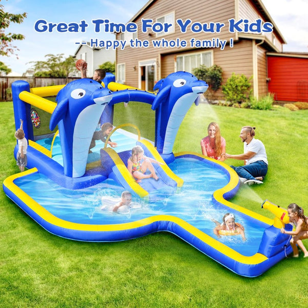 English Elm 8 in 1 Inflatable Outdoor Water Park Bounce House with Slide Sprinkler Hoop W167790002