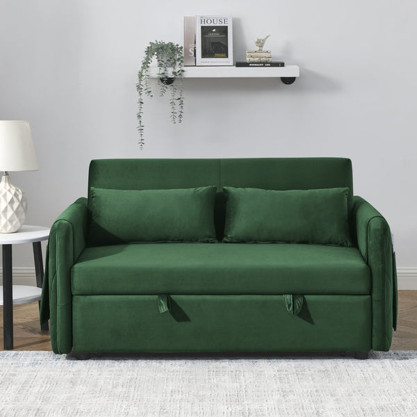 English Elm 55" Modern Convertible Sofa Bed Velvet Loveseat with Pull-Out Frame, 3-Position Recline, Storage Pockets, Plush Pillows Green W119363993