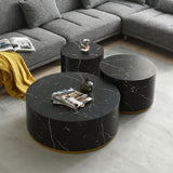 English Elm Set Of 3 Black Marble Pattern Round Coffee Table Side Table End Table Set For Living Room Fully Assembled