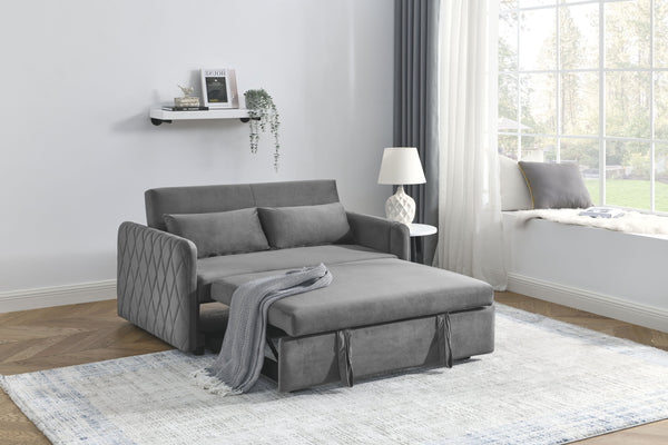 English Elm 55" Modern Convertible Sofa Bed Velvet Loveseat with Pull-Out Frame, 3-Position Recline, Storage Pockets, Plush Pillows Grey W119363990