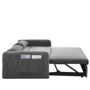 English Elm 55" Modern Convertible Sofa Bed Velvet Loveseat with Pull-Out Frame, 3-Position Recline, Storage Pockets, Plush Pillows Grey W119363990