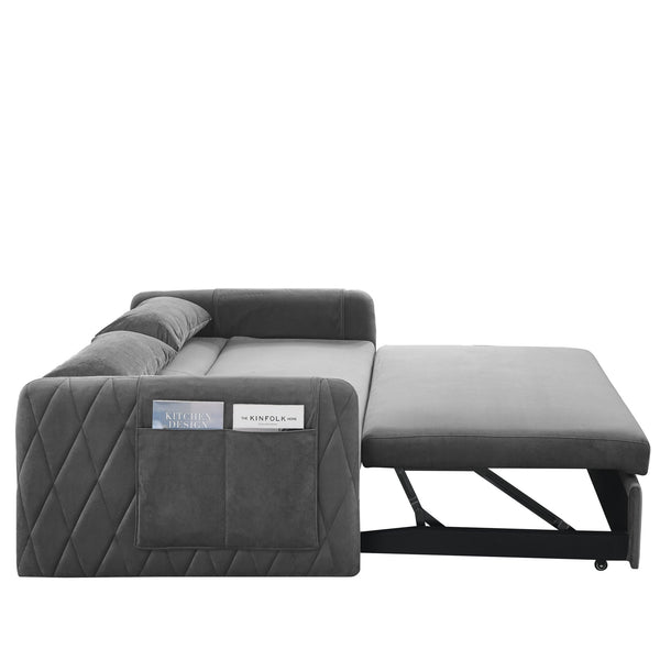 English Elm 55" Modern Convertible Sofa Bed Velvet Loveseat with Pull-Out Frame, 3-Position Recline, Storage Pockets, Plush Pillows Grey W119363990