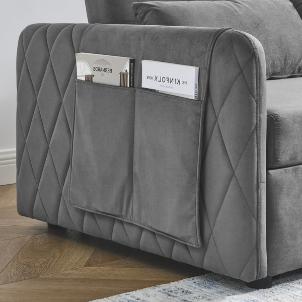 English Elm 55" Modern Convertible Sofa Bed Velvet Loveseat with Pull-Out Frame, 3-Position Recline, Storage Pockets, Plush Pillows Grey W119363990