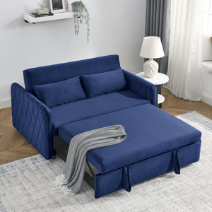 English Elm 55" Modern Convertible Sofa Bed Velvet Loveseat with Pull-Out Frame, 3-Position Recline, Storage Pockets, Plush Pillows Blue W119363992