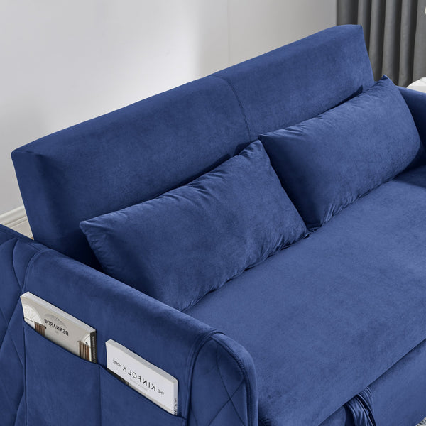 English Elm 55" Modern Convertible Sofa Bed Velvet Loveseat with Pull-Out Frame, 3-Position Recline, Storage Pockets, Plush Pillows Blue W119363992