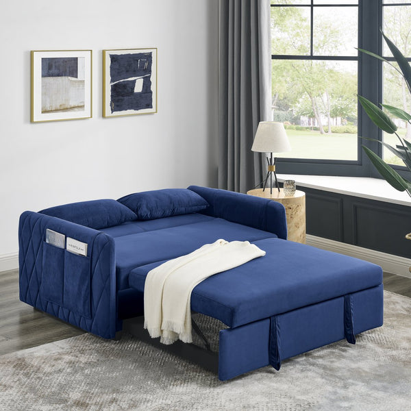 English Elm 55" Modern Convertible Sofa Bed Velvet Loveseat with Pull-Out Frame, 3-Position Recline, Storage Pockets, Plush Pillows Blue W119363992