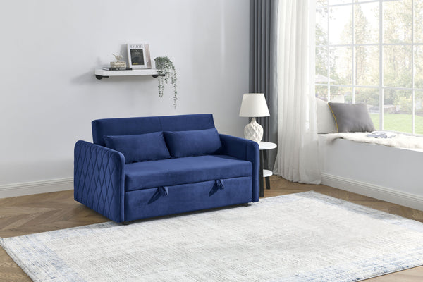 English Elm 55" Modern Convertible Sofa Bed Velvet Loveseat with Pull-Out Frame, 3-Position Recline, Storage Pockets, Plush Pillows Blue W119363992