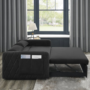 English Elm 55" Modern Convertible Sofa Bed Velvet Loveseat with Pull-Out Frame, 3-Position Recline, Storage Pockets, Plush Pillows Black W119363989