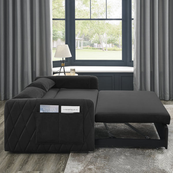 English Elm 55" Modern Convertible Sofa Bed Velvet Loveseat with Pull-Out Frame, 3-Position Recline, Storage Pockets, Plush Pillows Black W119363989