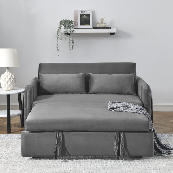 English Elm 55" Modern Convertible Sofa Bed Velvet Loveseat with Pull-Out Frame, 3-Position Recline, Storage Pockets, Plush Pillows Grey W119363990