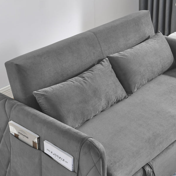 English Elm 55" Modern Convertible Sofa Bed Velvet Loveseat with Pull-Out Frame, 3-Position Recline, Storage Pockets, Plush Pillows Grey W119363990