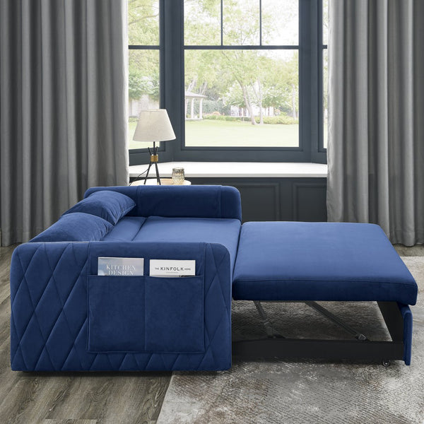 English Elm 55" Modern Convertible Sofa Bed Velvet Loveseat with Pull-Out Frame, 3-Position Recline, Storage Pockets, Plush Pillows Blue W119363992