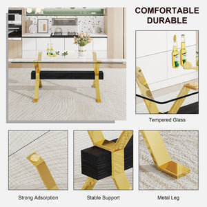 English Elm Dining Table - Stylish Tempered Glass Top With Gold-Plated Metal Legs For Modern Home & Office Use W1151S00260
