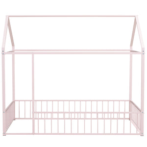 English Elm Twin Metal House Bed Frame with Roof & Fence — Playful Semi-Enclosed Kids Loft for Sleep & Play Pink MF304315AAH