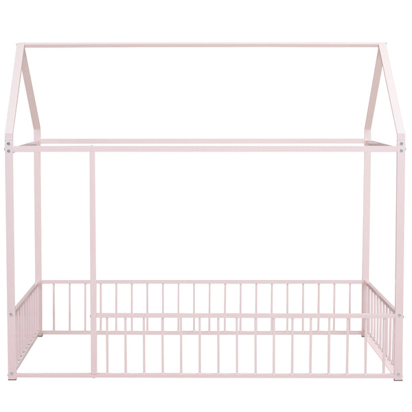 English Elm Twin Metal House Bed Frame with Roof & Fence — Playful Semi-Enclosed Kids Loft for Sleep & Play Pink MF304315AAH