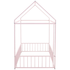 English Elm Twin Metal House Bed Frame with Roof & Fence — Playful Semi-Enclosed Kids Loft for Sleep & Play Pink MF304315AAH