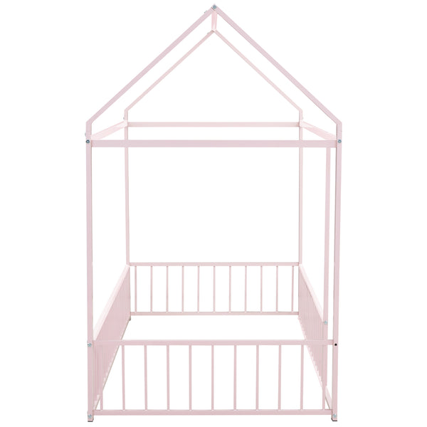 English Elm Twin Metal House Bed Frame with Roof & Fence — Playful Semi-Enclosed Kids Loft for Sleep & Play Pink MF304315AAH