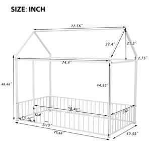 English Elm Twin Metal House Bed Frame with Roof & Fence — Playful Semi-Enclosed Kids Loft for Sleep & Play White MF304315AAK