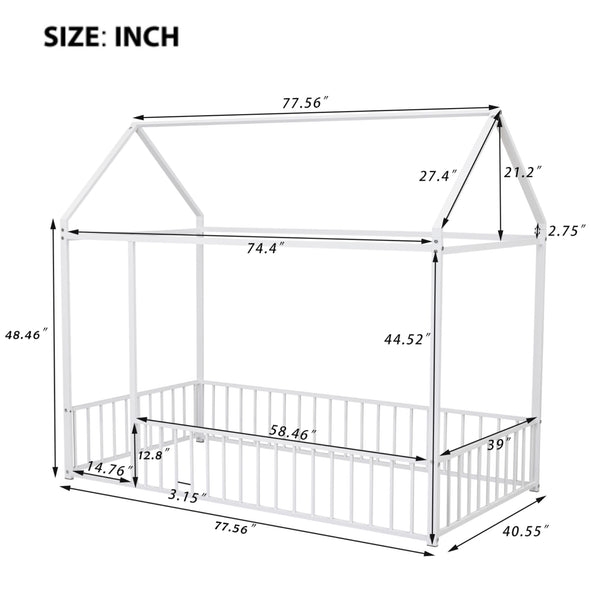 English Elm Twin Metal House Bed Frame with Roof & Fence — Playful Semi-Enclosed Kids Loft for Sleep & Play White MF304315AAK
